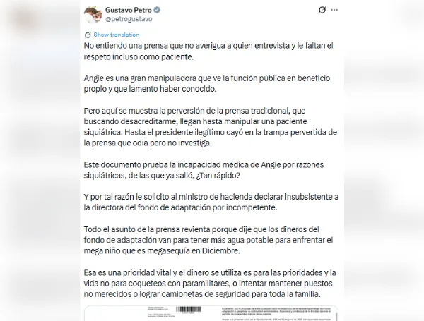 Publicación de Gustavo Petro.