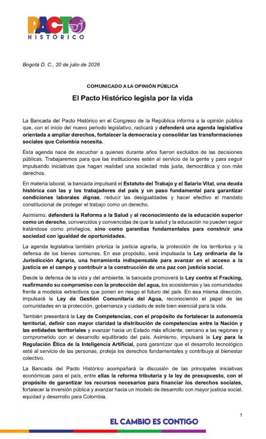 Comunicado publicado por el Pacto Histórico.