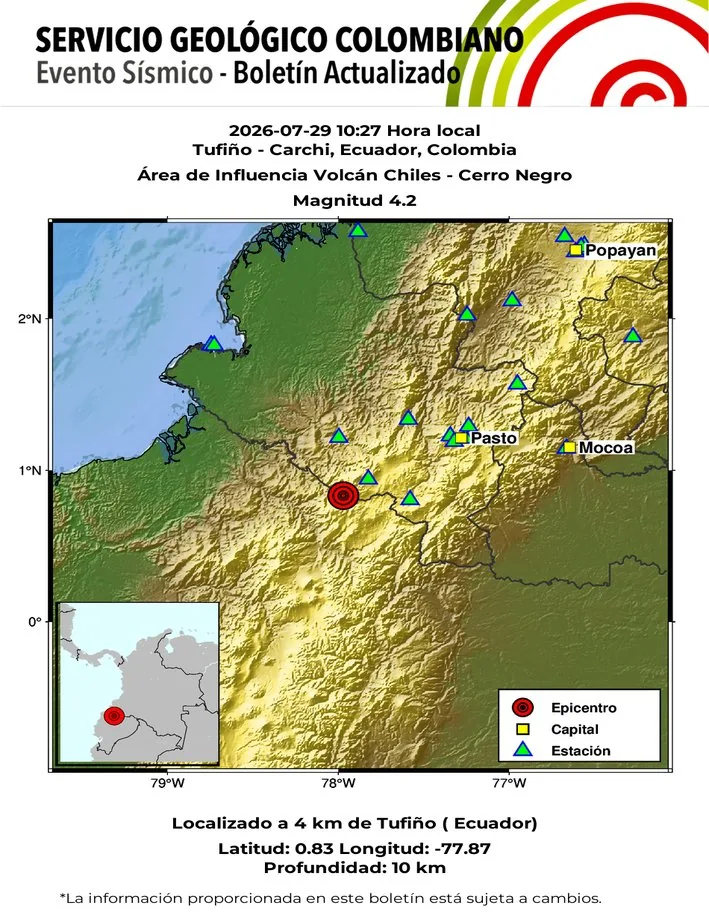 Sismo hoy 29 de julio en la frontera entre Ecuador y Colombia.