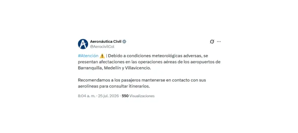 Aerocivil se pronunció sobre afectaciones en vuelos por condiciones climáticas.