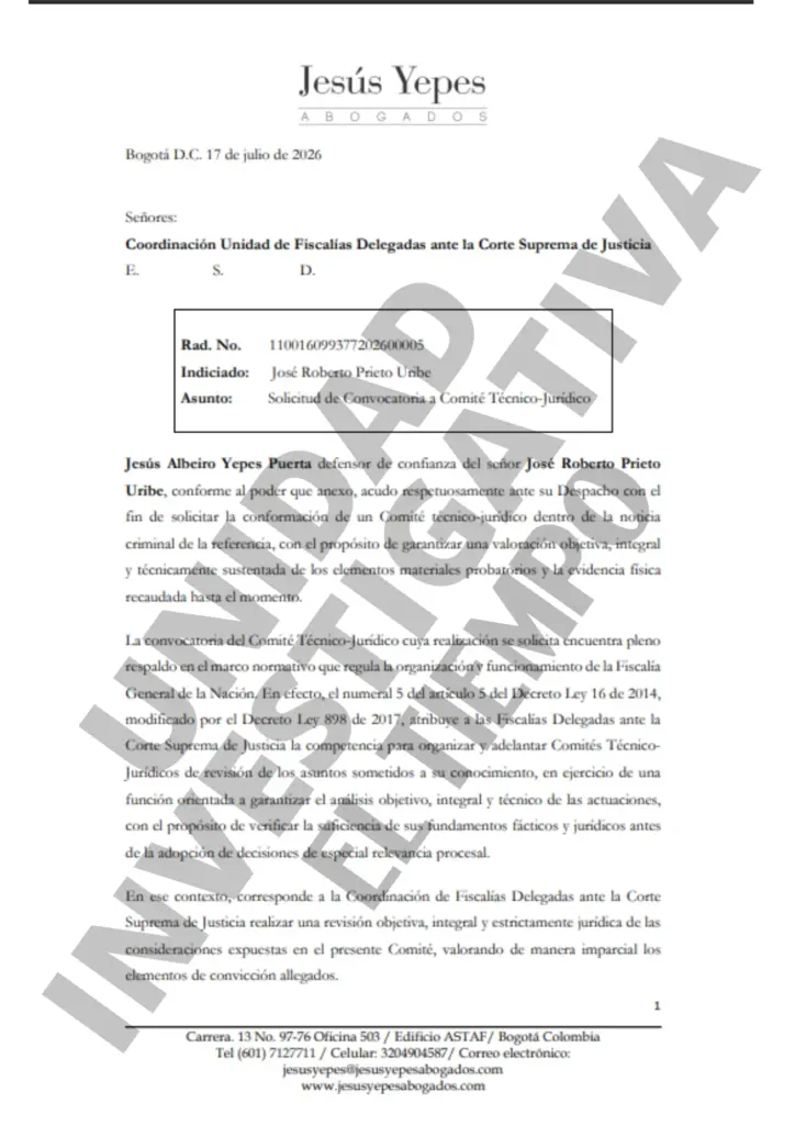 The letter in which criminal lawyer Yepes asked the Prosecutor's Office to install a technical-legal committee.