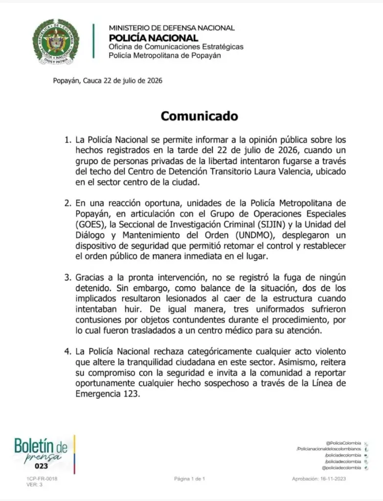 Comunicado de la Policía de Popayán.