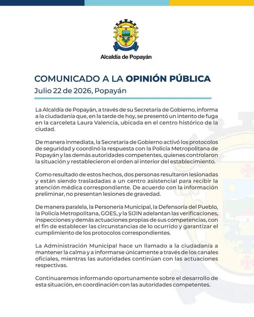 Comunicado de la Alcaldía de Popayán.