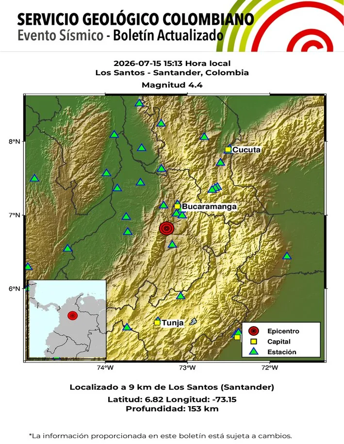 Temblor hoy 15 de julio en Santander, Los Santos.