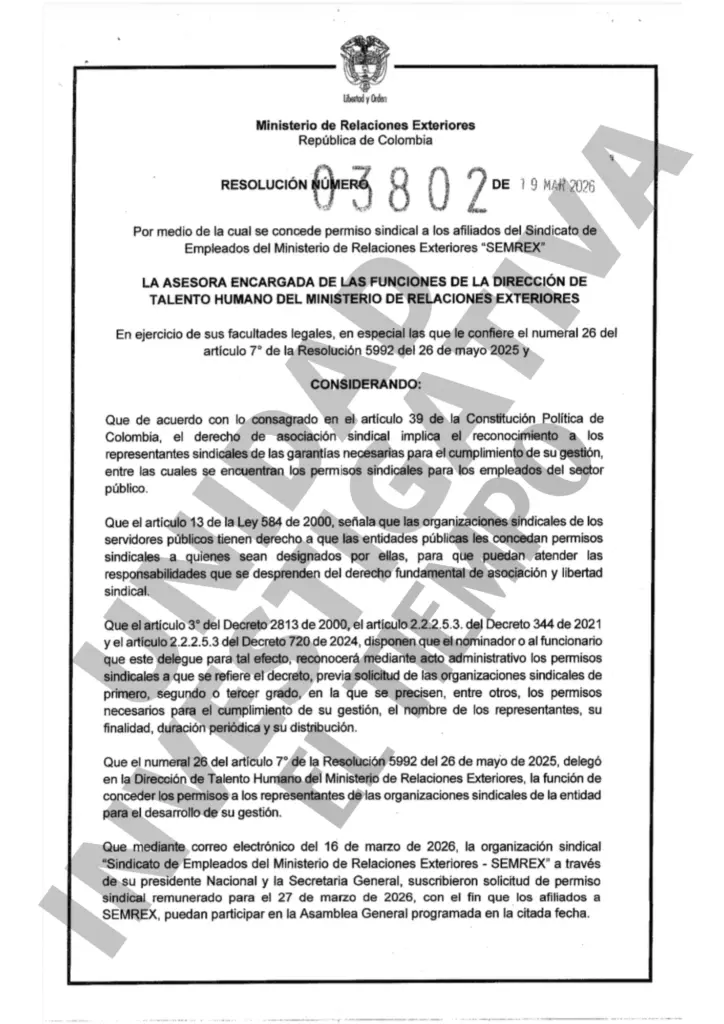 Resolución Cancillería sindicato