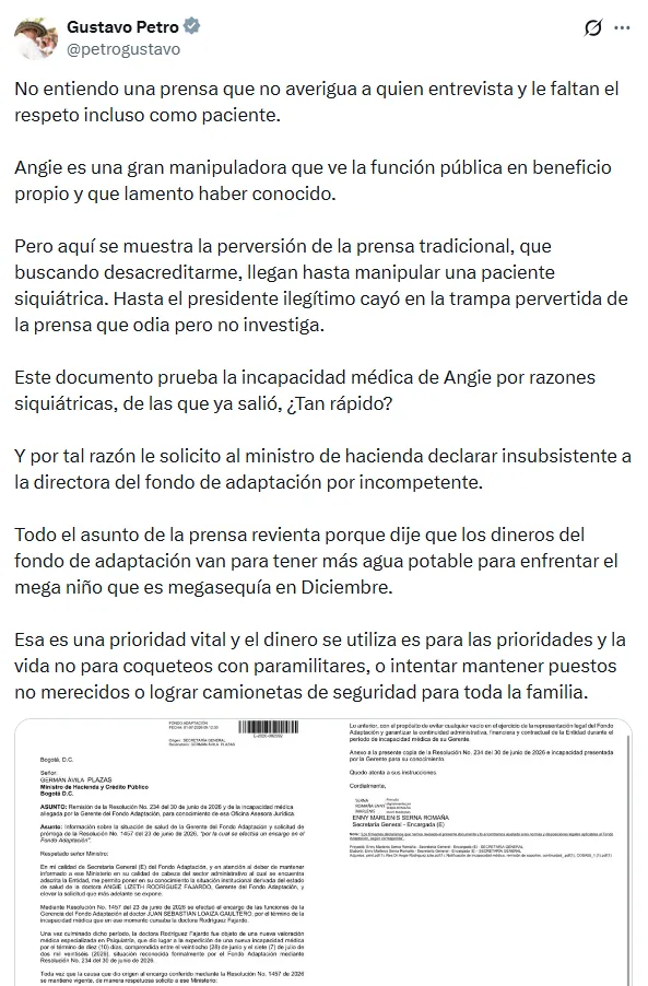 Publicación de Gustavo Petro en X.