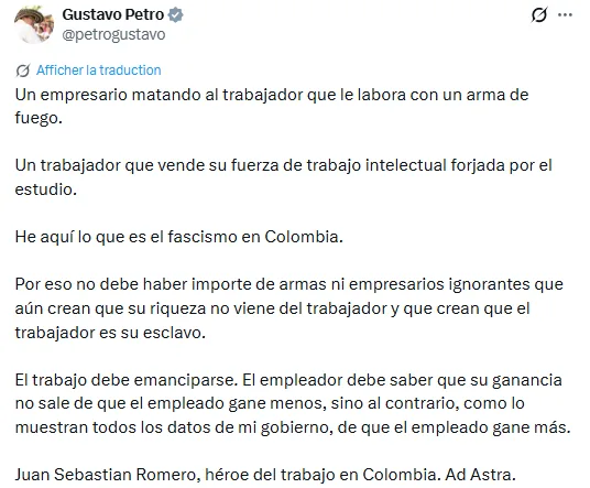 Gustavo Petro's tweet about Sebastián Romero.