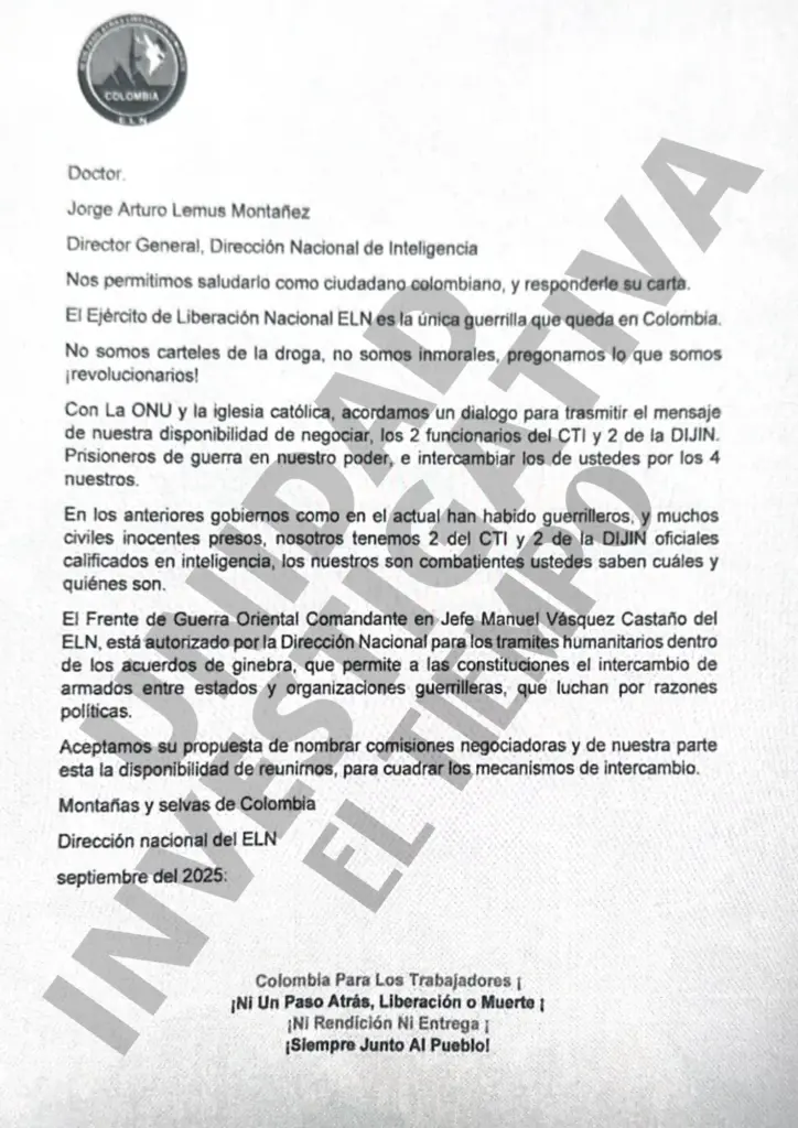 Carta enviada a Jorge Lemus ELN