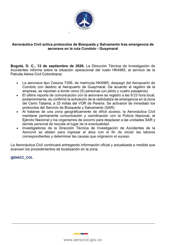 Comunicado de la Aeronáutica Civil: desaparición de aeronave de matrícula HK4985.