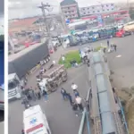 Serious accident on Bogotá-Mosquera road involving a nanny-type tractor-trailer, car, and trucks: there are overturned vehicles and a total closure of the exit from 13th street