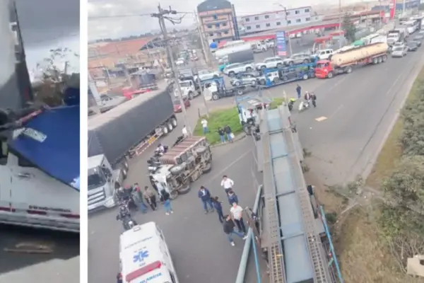 Serious accident on Bogotá-Mosquera road involving a nanny-type tractor-trailer, car, and trucks: there are overturned vehicles and a total closure of the exit from 13th street