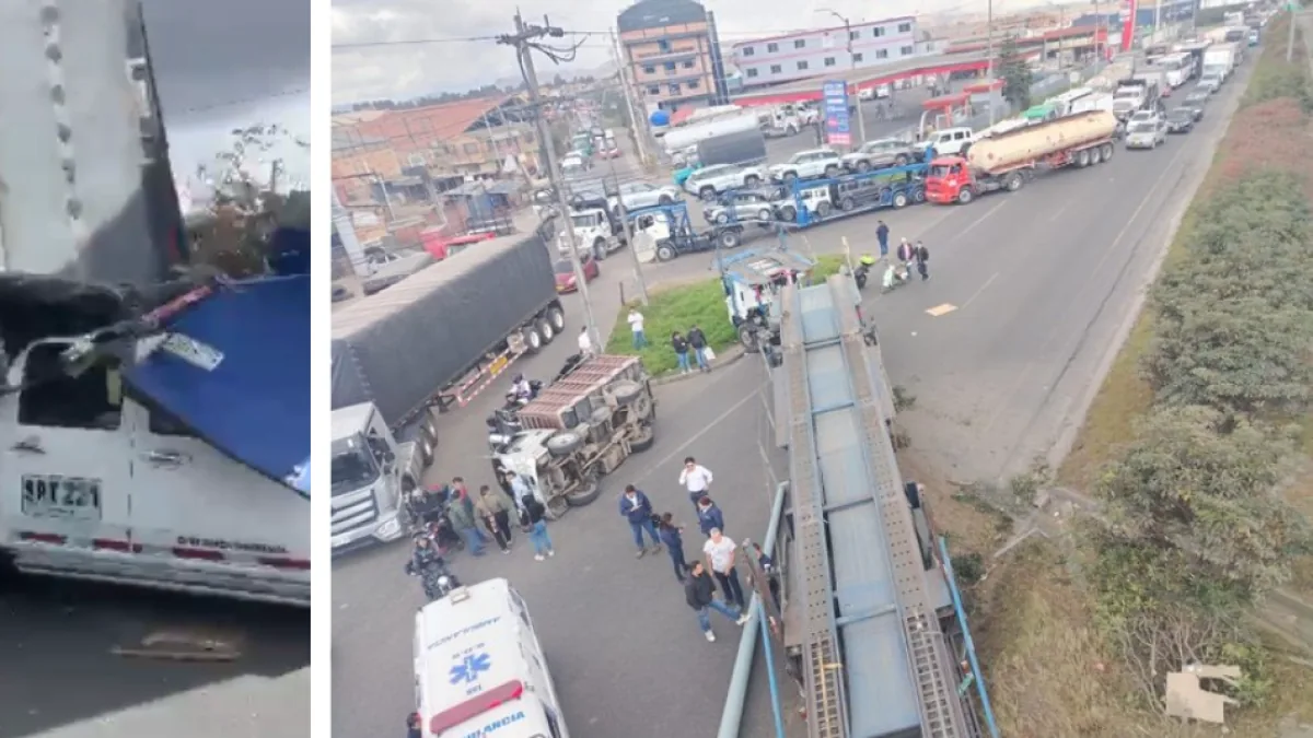 Serious accident on Bogotá-Mosquera road involving a nanny-type tractor-trailer, car, and trucks: there are overturned vehicles and a total closure of the exit from 13th street